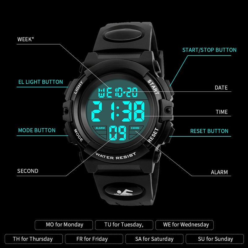 SKMEI Children Watch Wristwatch Fashion Multifunction Waterproof Outdoor Sports Luminous Watch for Kids Students Boys 1266 Black - Image 4