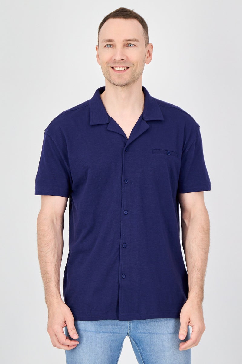 Report Collection Men Regular Fit Plain Short Sleeve Casual Shirt, Navy - Image 1