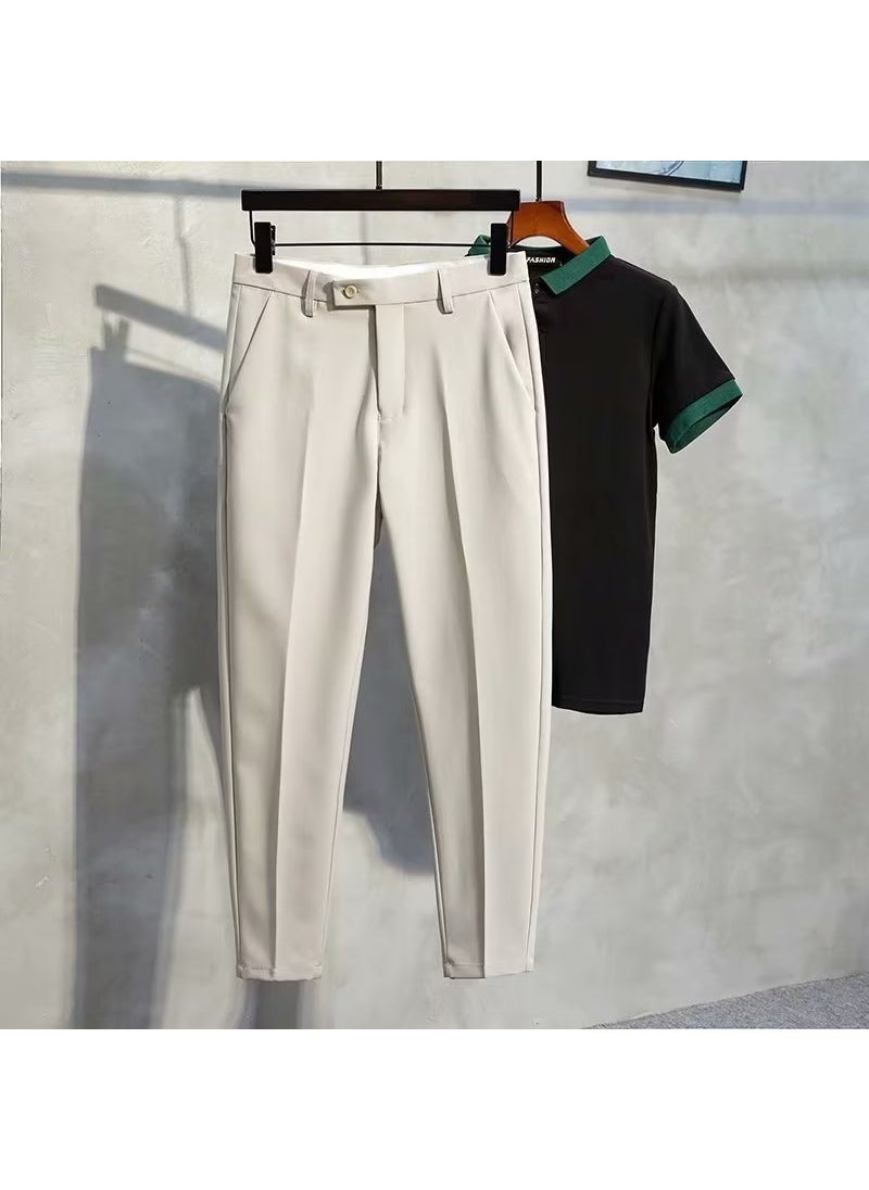 Generic Mens Summer Casual Cropped Suit Pants Slim Fit khaki nine points 