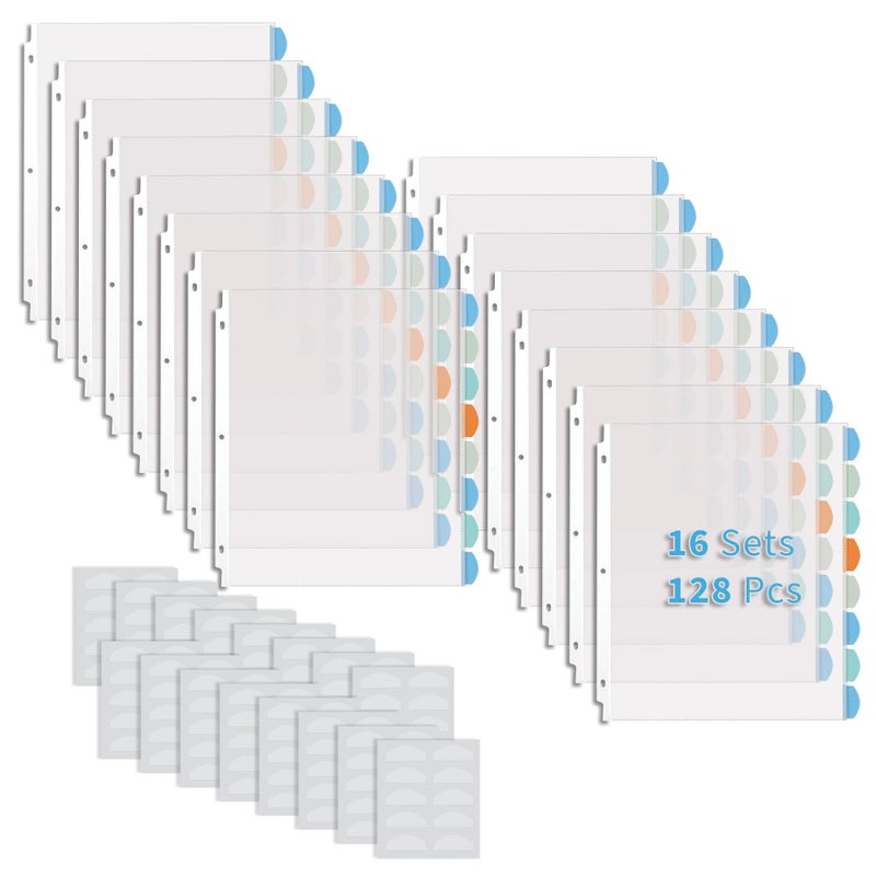 Binditek 128 Pack Heavyduty Clear Sheet Protectors with 8 Tabs, 45 Sheets Capacity, 8.5 x 11 inch Plastic Dividers for 3 Ring Binder, Insertable Index Divider, Letter Size, 16 Set, Label Sticker - Image 1