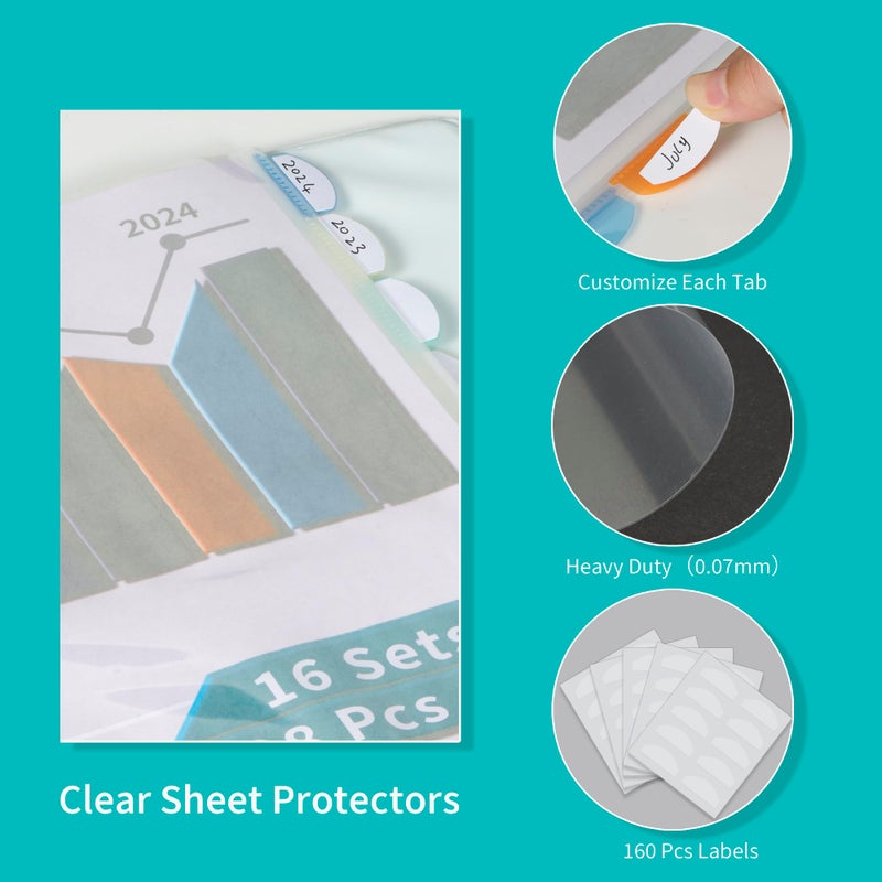 Binditek 128 Pack Heavyduty Clear Sheet Protectors with 8 Tabs, 45 Sheets Capacity, 8.5 x 11 inch Plastic Dividers for 3 Ring Binder, Insertable Index Divider, Letter Size, 16 Set, Label Sticker - Image 5