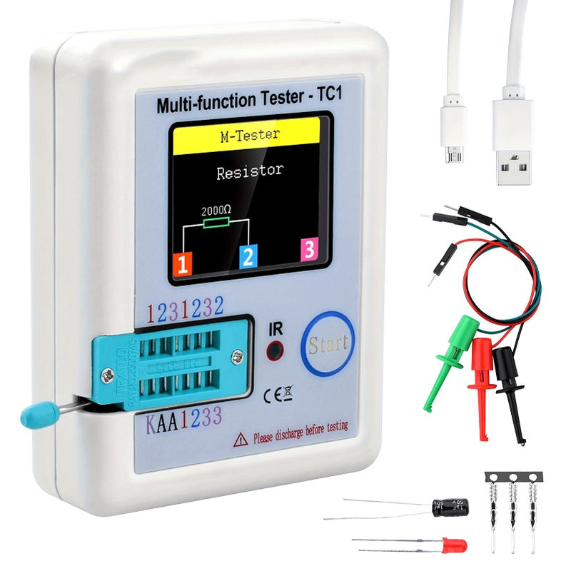 وايت أينوديس جهاز اختبار ترانزستور متعدد الوظائف LCR TC1 1.8 بوصة شاشة TFT LCD قابلة للشحن عبر USB جهد تشغيل ≤36 فولت مع وظائف اختبار MOSFET NPN PNP أداة اختبار كهربائية بجسم بلاستيكي متين - Image 1