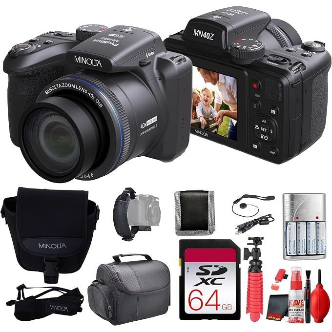 MINOLTA MN40Z 20 Mega Pixels 40x Optical Zoom Digital Camera with 1080p FHD Video, Black, Bundle with 64GB Memory Card + Vlog Tripod + 4xAA Battery with Charger + Accessories - Image 1