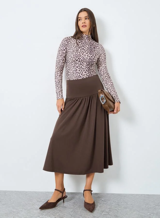 Styli Brown Drop Waist A-Line Midi Skirt