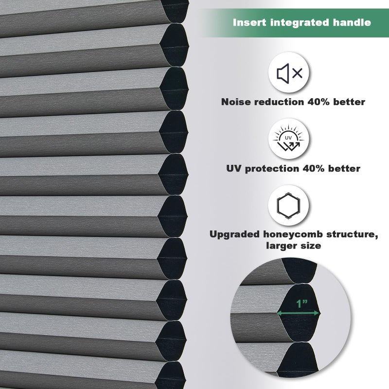 Tonature Upgrade No Drill No Tools Cellular Shades for Indoor Windows 38mm Honeycomb Blinds Cordless Free Stop Blinds for Windows Grey Blackout 22.5" WX64 H - Image 3