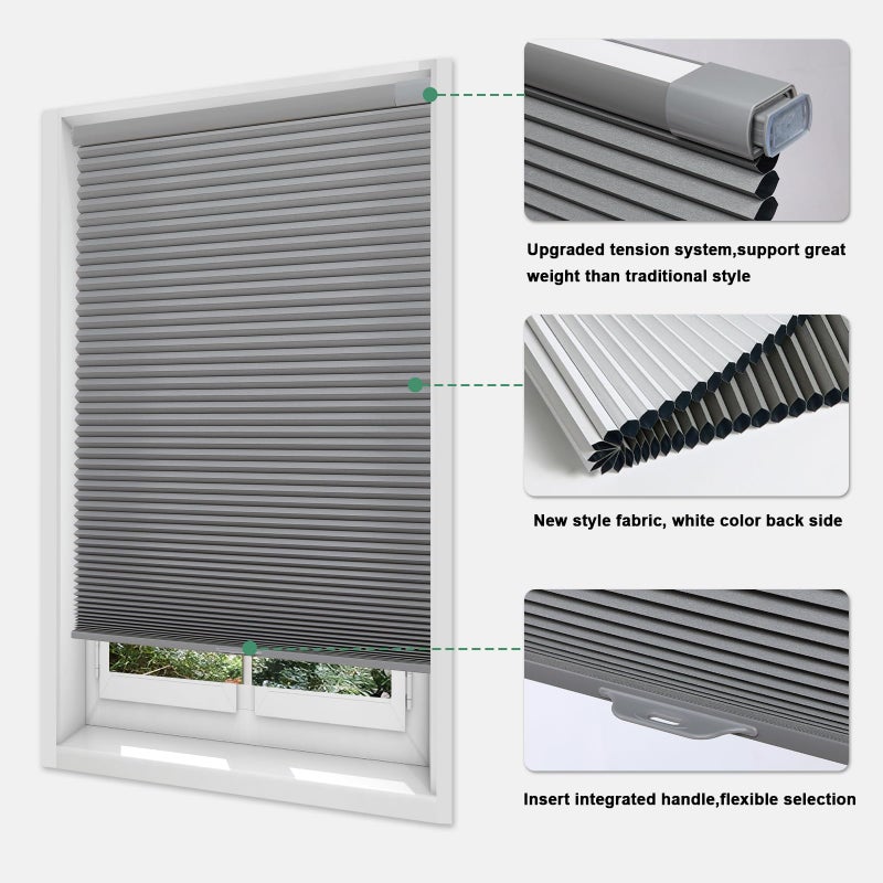 Tonature Upgrade No Drill No Tools Cellular Shades for Indoor Windows 38mm Honeycomb Blinds Cordless Free Stop Blinds for Windows Grey Blackout 22.5" WX64 H - Image 2