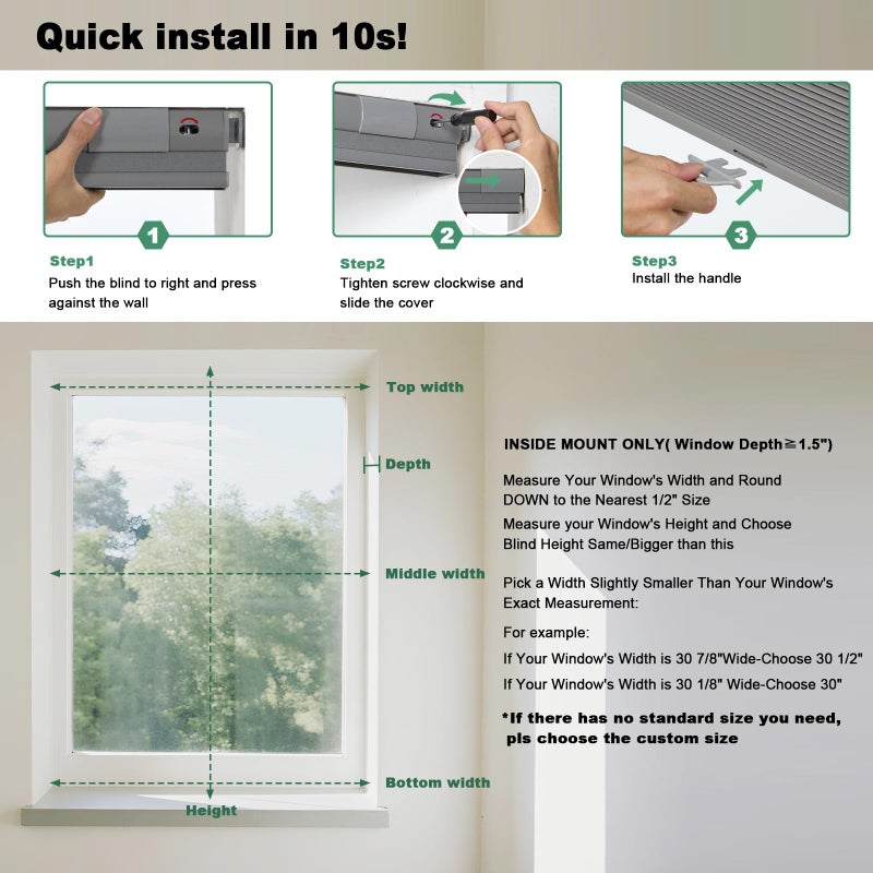 Tonature Upgrade No Drill No Tools Cellular Shades for Indoor Windows 38mm Honeycomb Blinds Cordless Free Stop Blinds for Windows Grey Blackout 22.5" WX64 H - Image 4