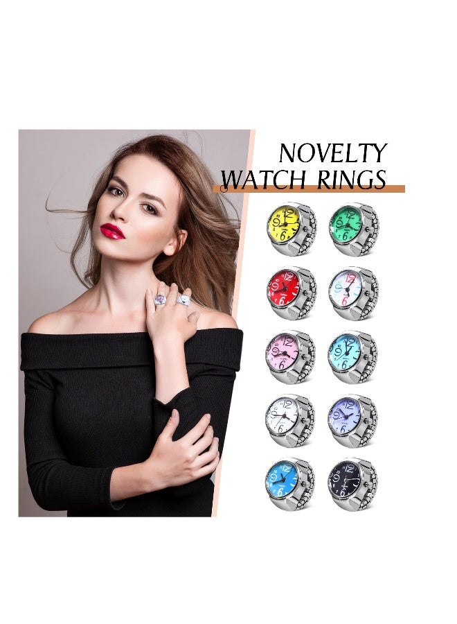 Men Women Finger Watches Set, 10 Pcs Adjustable Ring Watch, Creative Round Quartz Finger Ring Watches with Elastic Band for Birthday  - Image 3