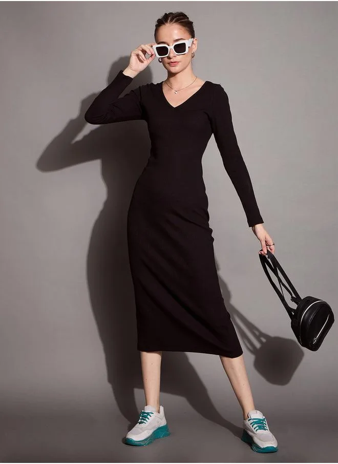 SASSAFRAS Ribbed V Neck Bodycon Midi Dress by Styli