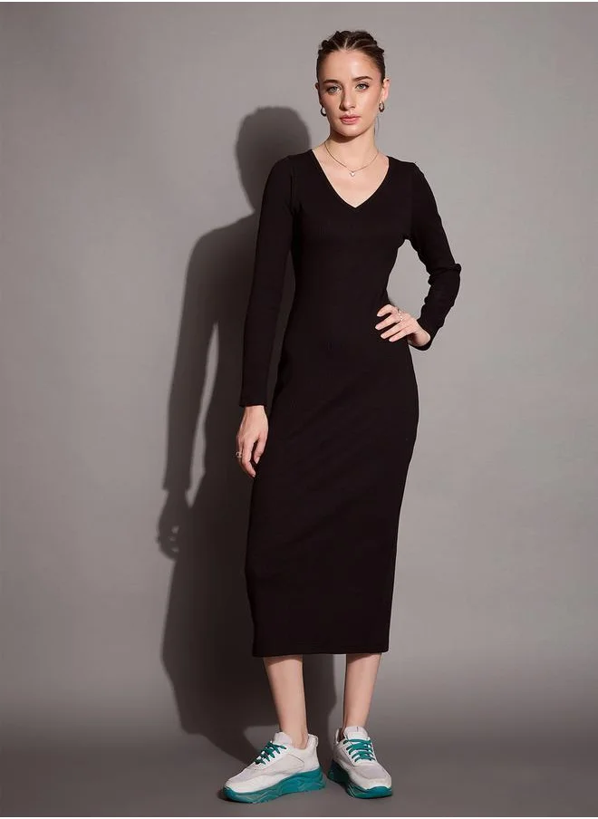 SASSAFRAS Ribbed V Neck Bodycon Midi Dress by Styli