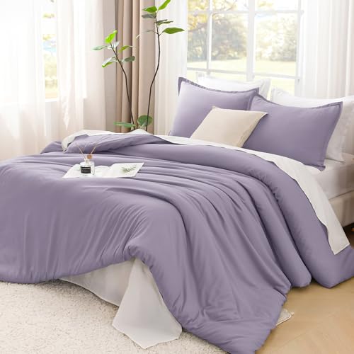 Litanika Grayish Lavender Purple Comforter Set King Size, 3 Pieces Lightweight Solid Bedding Comforter Set, All Season Fluffy Bed Set (104x90In Comforter & 2 Pillowcases) - Image 1