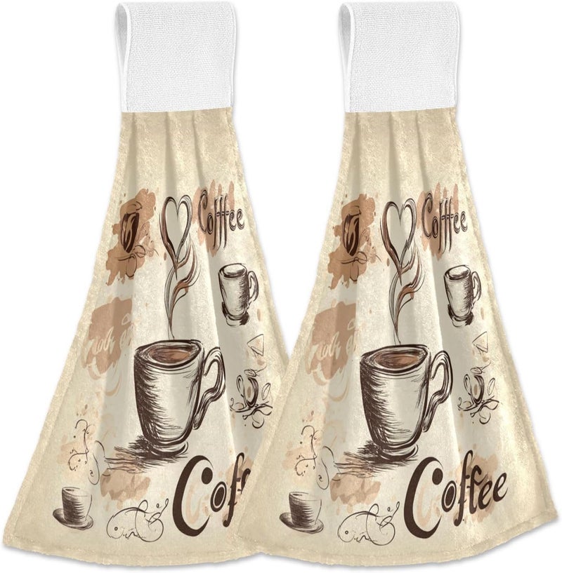 Dussdil Coffee Bean Cups Kitchen Hanging Towel 12 x 17 In Cafe Theme Hearts Face Hand Fingertip Towels Set of 2 Pcs Tie Tea Bar Dish Cloths Dry Towel Soft Absorbent Durable for Laundry Room Decor - Image 1