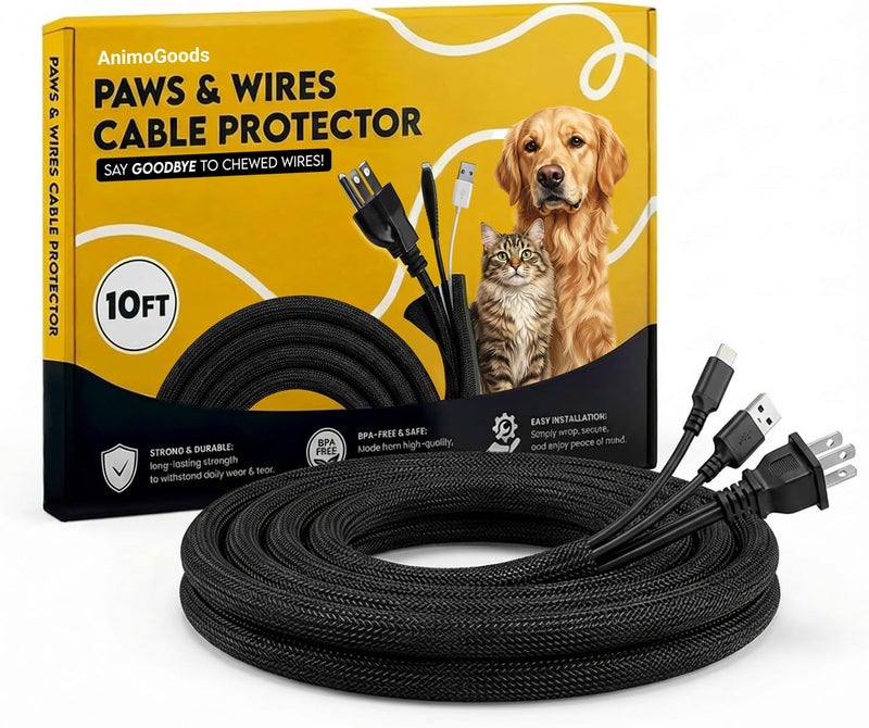 AnimoGoods Cord Cover for Pets (10ft, 1/2 inch Split) - Durable PET Cable Protector for Dogs, Cats, and Other Pets - Cord Protectors from Pets No Chew, Keep Cats from Chewing Cords - Puppy Proof Cord Cover - Image 1