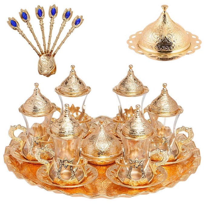 HANDMADE TURKISH TEA WATER ZAMZAM SERVING SET GLASSES SAUCER TRAY AND SPOON GOLD