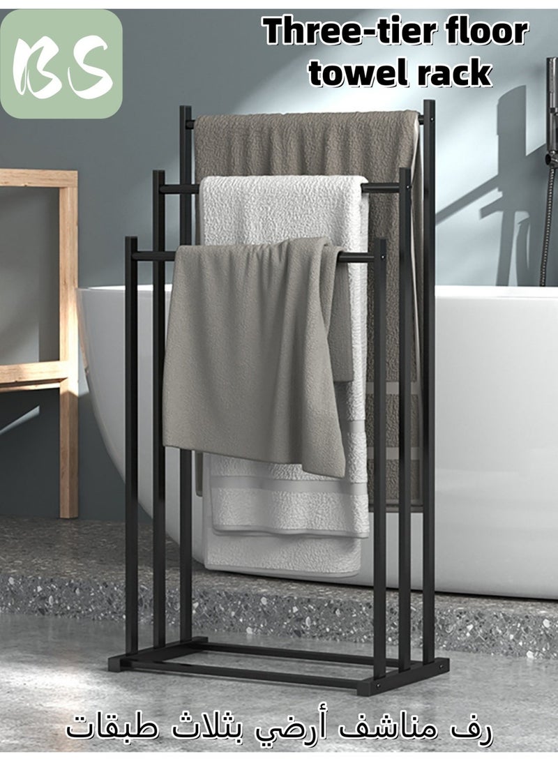 BS Three-tier vertical rust-proof metal towel rack | Matte black wrought iron clothes rack | Blanket and bath towel display rack | Widened tiered storage | Suitable for various spaces including bathrooms, bedrooms, and pool areas. - Image 1