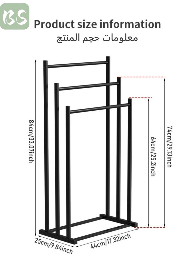 BS Three-tier vertical rust-proof metal towel rack | Matte black wrought iron clothes rack | Blanket and bath towel display rack | Widened tiered storage | Suitable for various spaces including bathrooms, bedrooms, and pool areas. - Image 2
