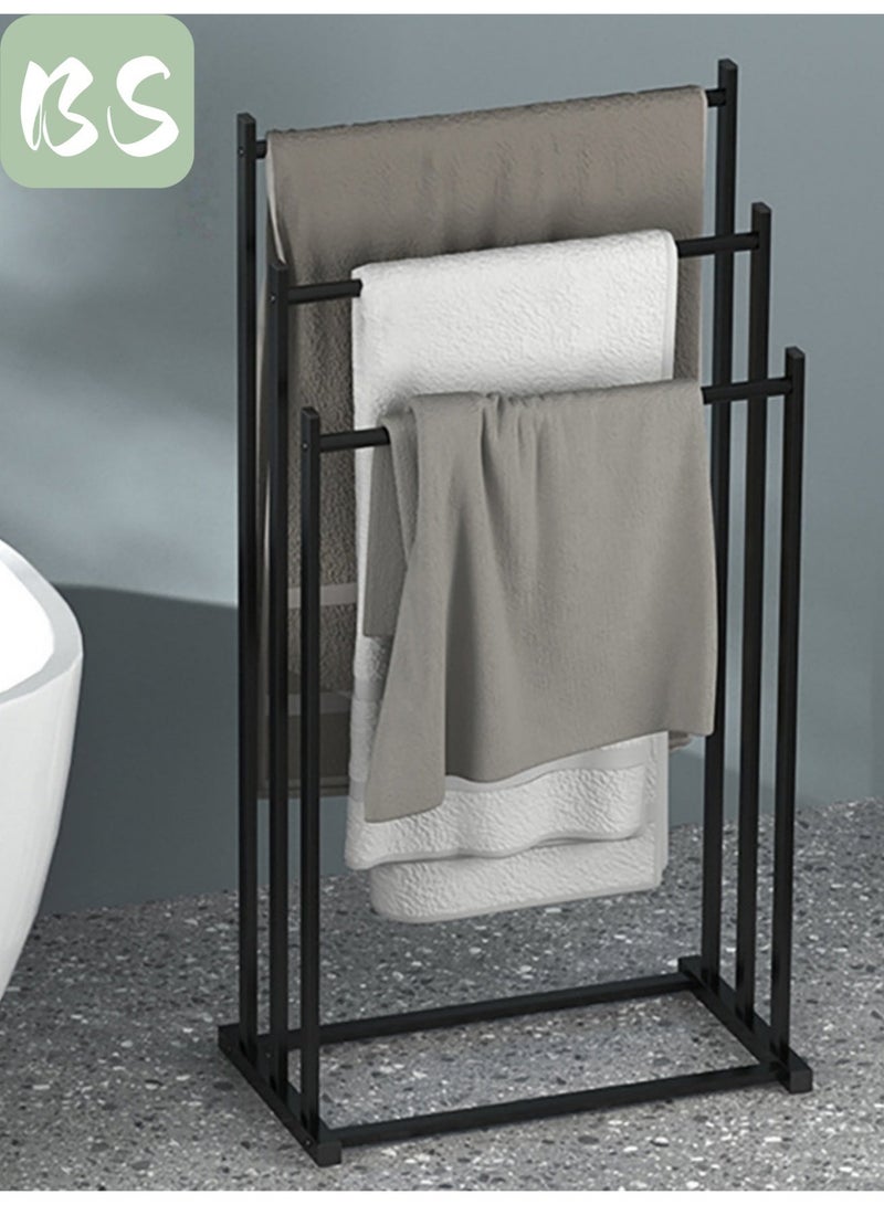 BS Three-tier vertical rust-proof metal towel rack | Matte black wrought iron clothes rack | Blanket and bath towel display rack | Widened tiered storage | Suitable for various spaces including bathrooms, bedrooms, and pool areas. - Image 4