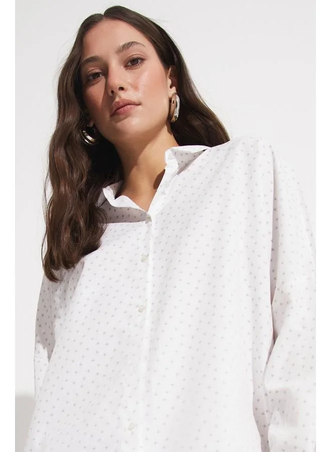 JUNE June Women Exclusive Oversize/Loose Fit 100% Cotton Stone Detailed Shirt Ecru