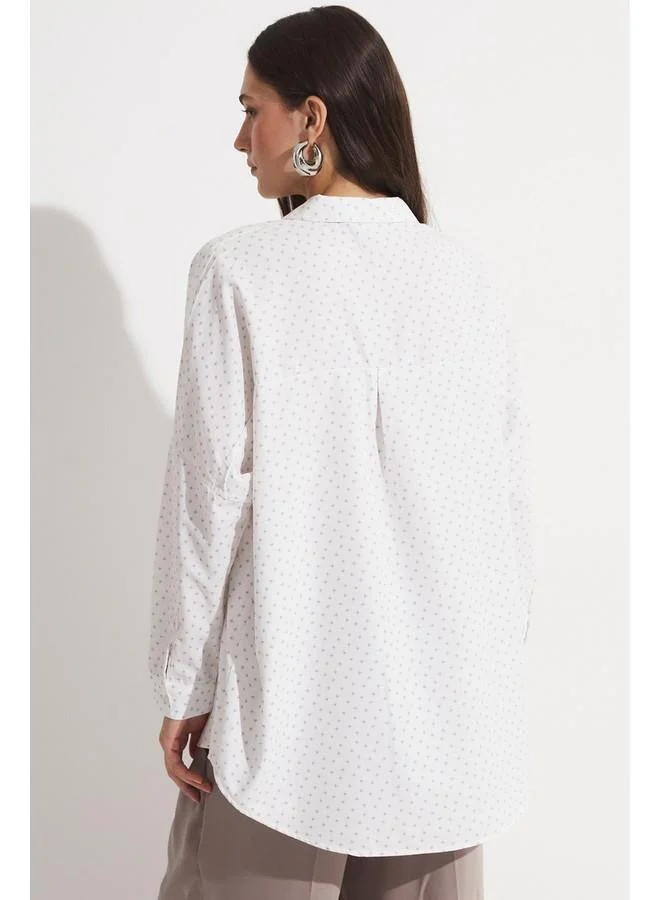 JUNE June Women Exclusive Oversize/Loose Fit 100% Cotton Stone Detailed Shirt Ecru