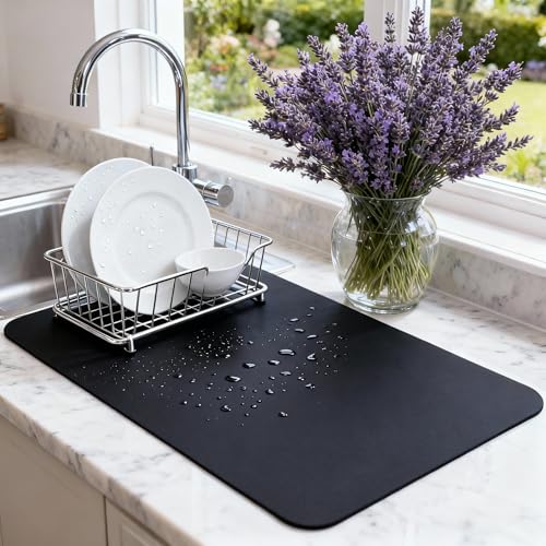 STRABELLA Dish Drying Mat Super Absorbent 24 x 16 Coffee Mat for Countertops NonSlip Drying Mat for Kitchen Counter Easy to Clean Water Absorbent Mat Large Dish Drying Mats Black - Image 1