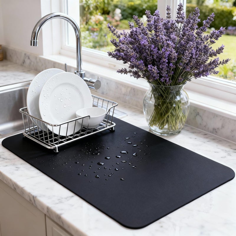 STRABELLA Dish Drying Mat Super Absorbent 24 x 16 Coffee Mat for Countertops NonSlip Drying Mat for Kitchen Counter Easy to Clean Water Absorbent Mat Large Dish Drying Mats Black - Image 2