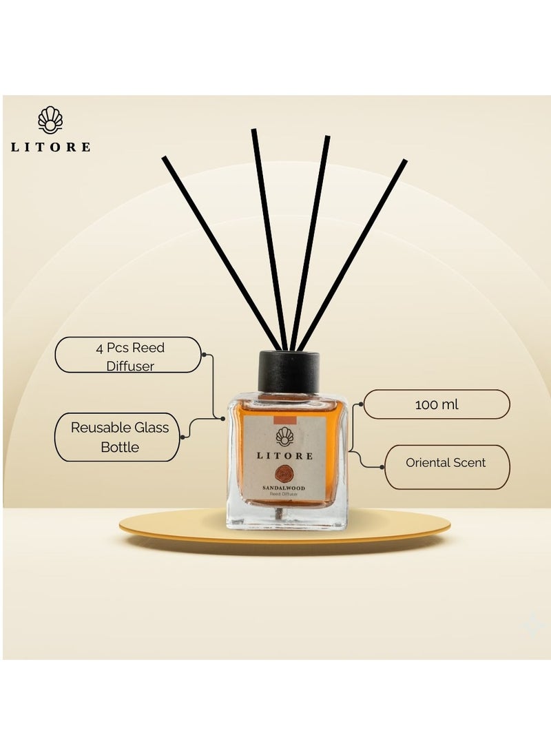 Litore - Litore Reed Diffuser - Sandalwood Fragrance, 100ml | Long-Lasting Home Fragrance | Natural & Elegant Room Diffuser - Image 1