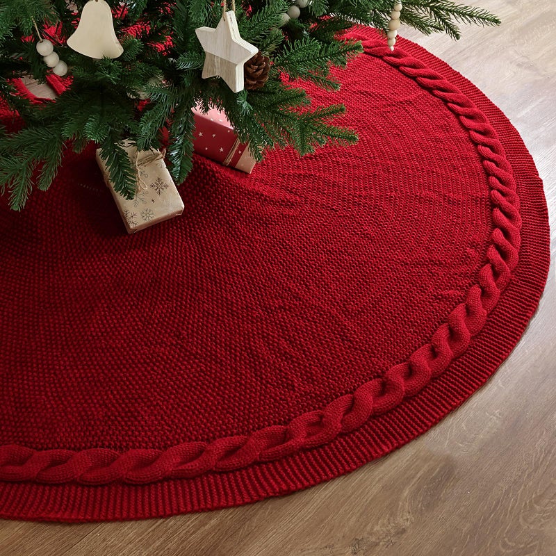 60 inch Christmas Tree Skirt Large Tree Skirt for 9ft Tree Cable Knit Wine Red Tree Skirt Vintage Tree Skirts Rustic Farmhouse Christmas Decorations