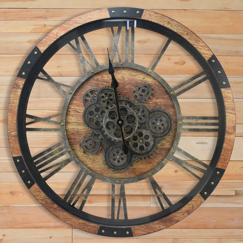 27 inch Large Real Moving Gears Wall Clock with Toughened Glass Cover Oversized Vintage Solid Wood Farmhouse Clock Giant Decorative Rustic Wall Clock for Living Room Home Kitchen Office Brown