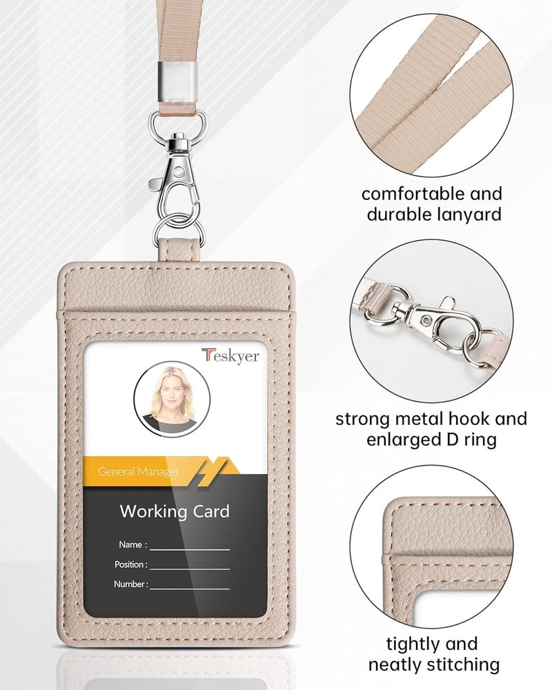 Teskyer Badge Holder with Lanyard, Leather ID Name Badge Card Holder with Lanyard for ID Badges, Vertical, Lychee Pattern Beige - Image 3