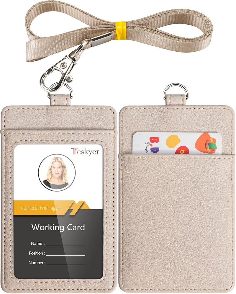 Teskyer Badge Holder with Lanyard, Leather ID Name Badge Card Holder with Lanyard for ID Badges, Vertical, Lychee Pattern Beige - Image 1