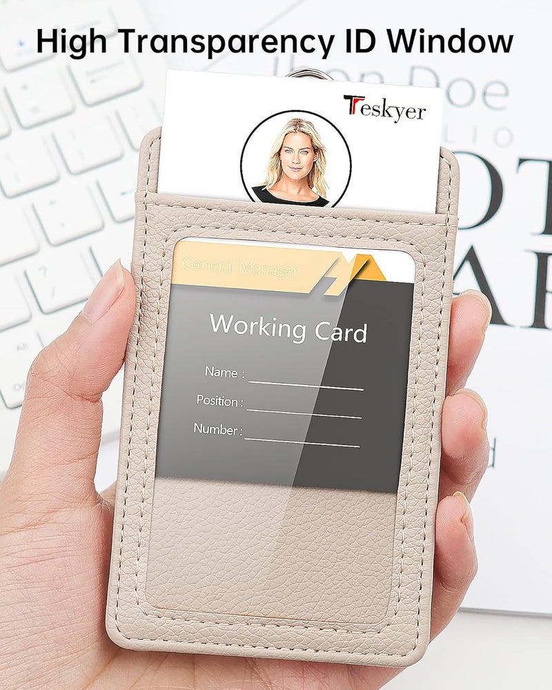 Teskyer Badge Holder with Lanyard, Leather ID Name Badge Card Holder with Lanyard for ID Badges, Vertical, Lychee Pattern Beige - Image 4