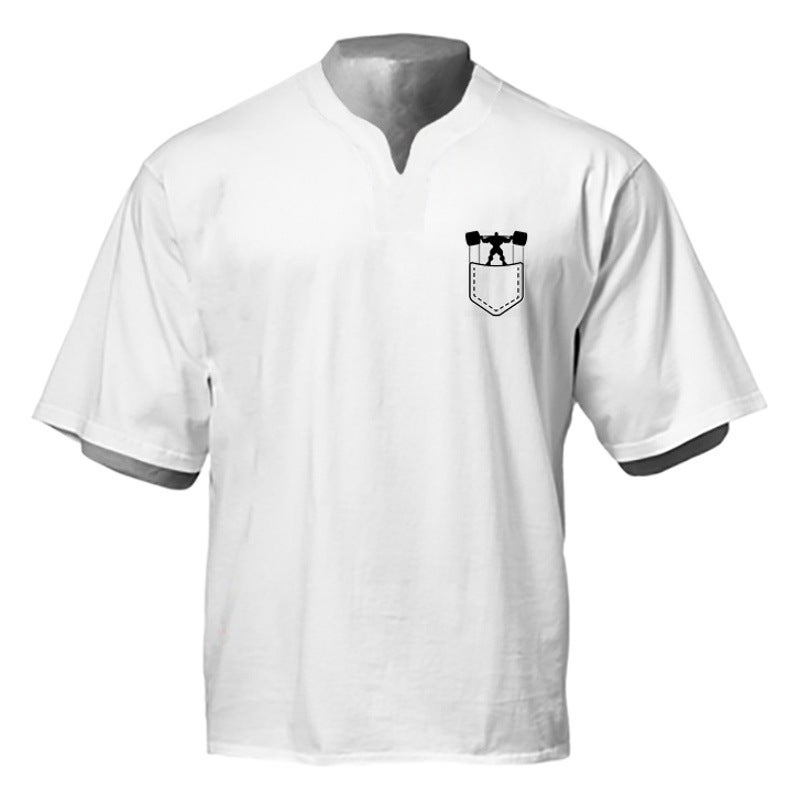 Men''s T-shirt summer sports fitness short sleeve loose stretch cotton V-neck half sleeve casual breathable muscle rolling iron foreign trade cross-border - Image 1