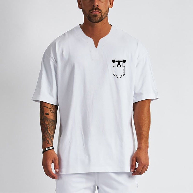 Men''s T-shirt summer sports fitness short sleeve loose stretch cotton V-neck half sleeve casual breathable muscle rolling iron foreign trade cross-border - Image 2