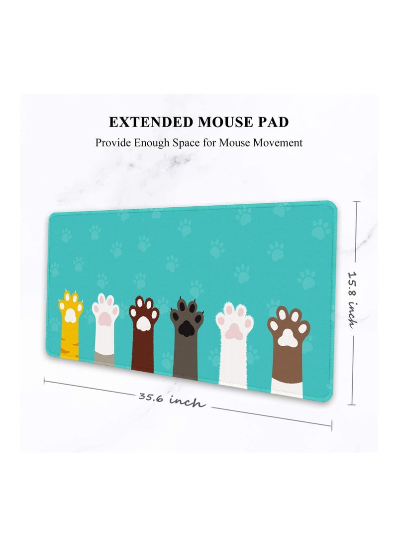 SYOSI - Large Mouse Pad Full Desk XXL Extended Gaming Mouse Pad 35In X 15In Waterproof Desk Mat with Stitched Edge Non Slip Laptop Computer Keyboard Mousepad for Office Home Cat Paws Design - Image 1