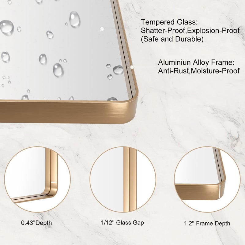 LOAAO 20â€X30â€ Gold Bathroom Mirror, Rounded Rectangle Gold Frame Mirror, Brushed Gold Bathroom Vanity Mirror Wall-Mounted, Anti-Rust, Hangs Horizontally or Vertically - Image 5