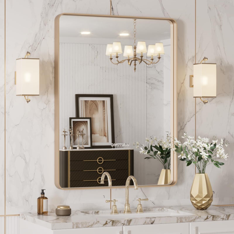 LOAAO 20â€X30â€ Gold Bathroom Mirror, Rounded Rectangle Gold Frame Mirror, Brushed Gold Bathroom Vanity Mirror Wall-Mounted, Anti-Rust, Hangs Horizontally or Vertically - Image 4