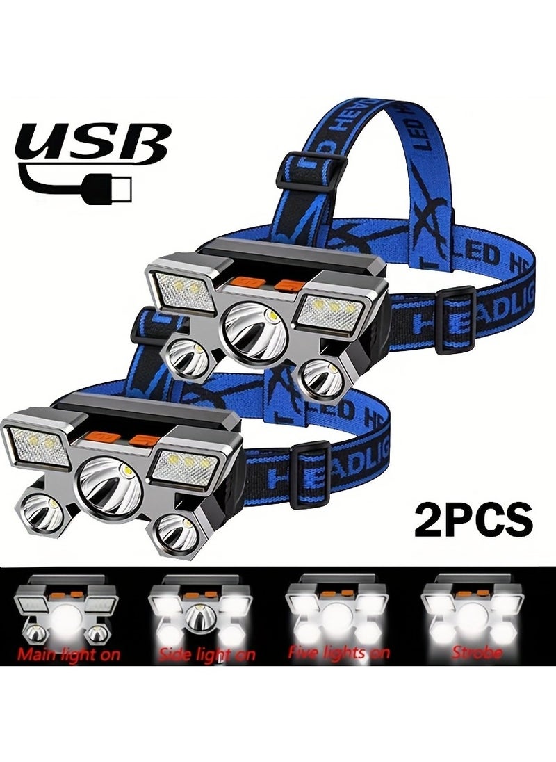 Scrolls 2Pcs Rechargeable LED Headlamp, 5 LEDs COB Headlight, 800mAh Lithium Battery, 4 Modes USB Charging Hands-Free Flashlight for Camping Running Fishing with USB Cable Included  - Image 1
