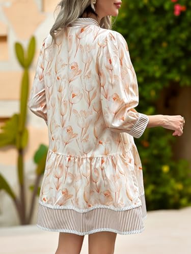Wenrine Women's Floral Boho Mini Dress 3/4 Long Sleeve V Neck Casual Button Down Shirt Dresses Khaki - Image 3