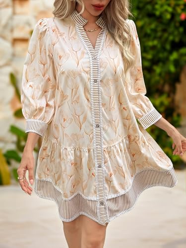Wenrine Women's Floral Boho Mini Dress 3/4 Long Sleeve V Neck Casual Button Down Shirt Dresses Khaki - Image 5