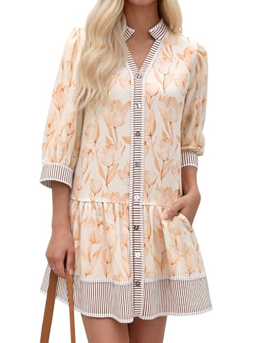 Wenrine Women's Floral Boho Mini Dress 3/4 Long Sleeve V Neck Casual Button Down Shirt Dresses Khaki - Image 1
