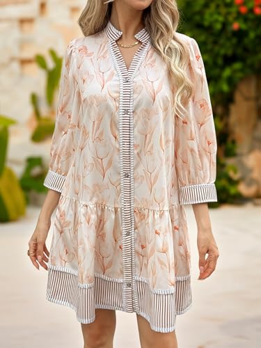 Wenrine Women's Floral Boho Mini Dress 3/4 Long Sleeve V Neck Casual Button Down Shirt Dresses Khaki - Image 2