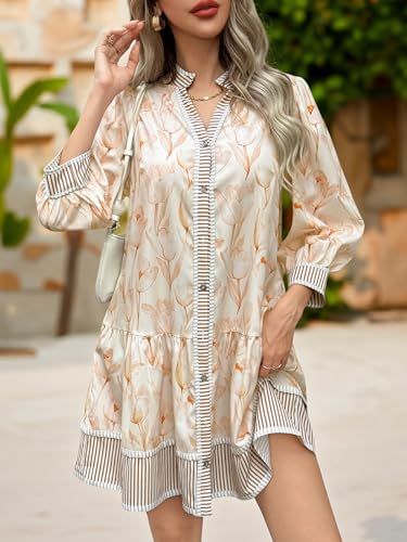 Wenrine Women's Floral Boho Mini Dress 3/4 Long Sleeve V Neck Casual Button Down Shirt Dresses Khaki - Image 4