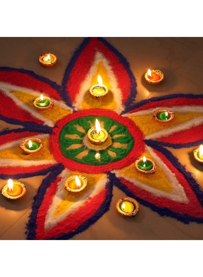 TIED RIBBONS Set Of 12 Handmade Clay Terracotta Diya Candle Holder Oil Lamp With 10 Rangoli Colors For Festival Home Office Temple Pooja Room Decorations - Image 4