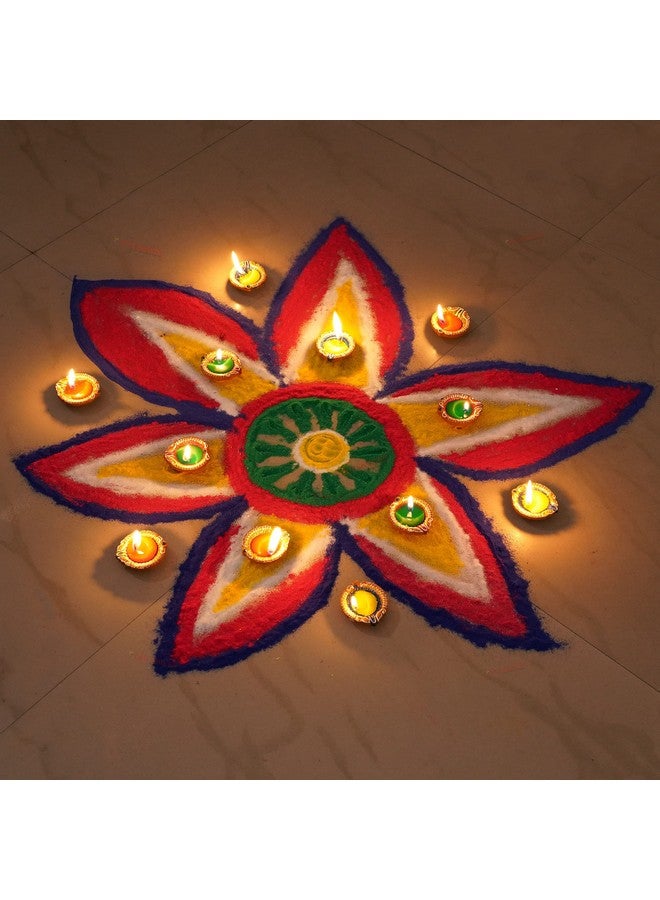 TIED RIBBONS Set Of 12 Handmade Clay Terracotta Diya Candle Holder Oil Lamp With 10 Rangoli Colors For Festival Home Office Temple Pooja Room Decorations - Image 3
