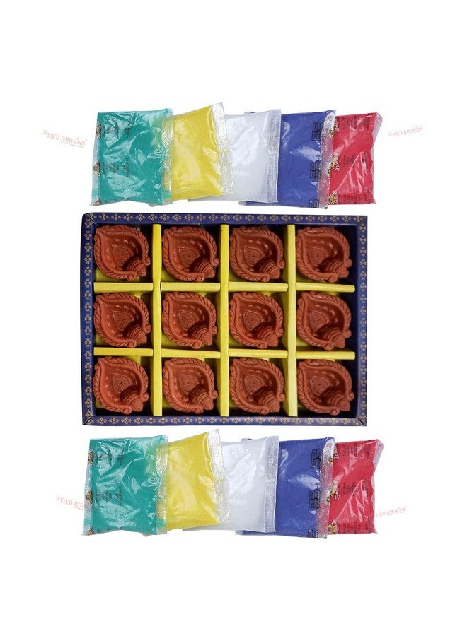TIED RIBBONS Set Of 12 Handmade Clay Terracotta Diya Candle Holder Oil Lamp With 10 Rangoli Colors For Festival Home Office Temple Pooja Room Decorations - Image 1