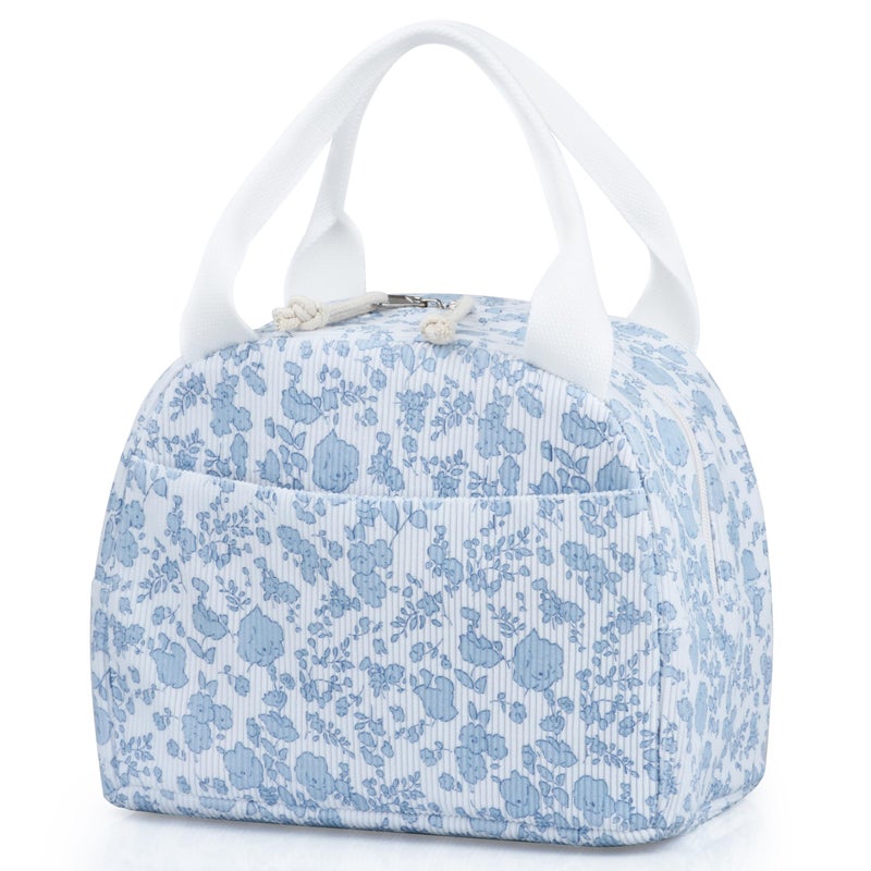 TESAFNG Lunch Bag Insulated Lunch Box for Women Reusable Large Capacity Cooler Bag for Adult Small Leakproof Cute Corduroy Lunch Tote for Work Office Travel Picnic Corduroy BlueFlower