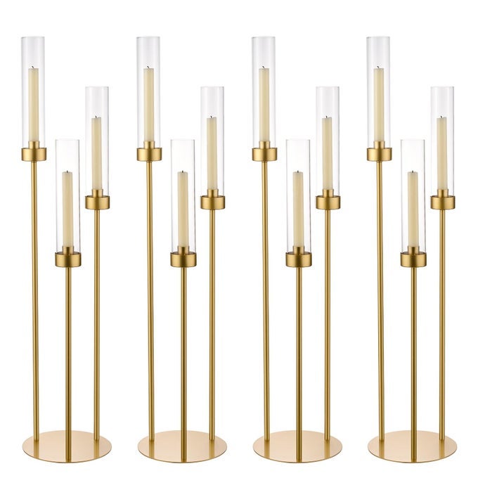 4PCS GOLD CANDELABRA 3 ARM HURRICANE CANDLE HOLDERS CENTERPIECE TAPER CANDLE HOLDERS WITH ACRYLIC SHADES FOR TABLE CENTERPIECE HALLOWEENCHRISTMAS PARTY DECORATIVE CANDLESTICK HOLDER