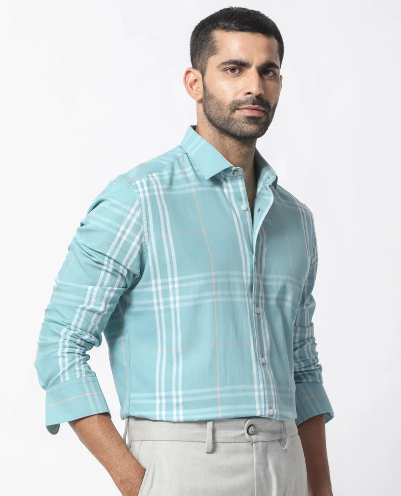 Rare Rabbit Rare Rabbit Men's Garet Turq Cotton Fabric Full Sleeves Checks Shirt