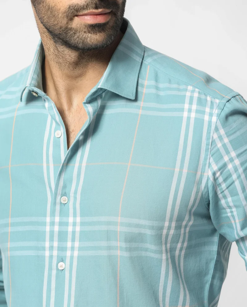 Rare Rabbit Rare Rabbit Men's Garet Turq Cotton Fabric Full Sleeves Checks Shirt
