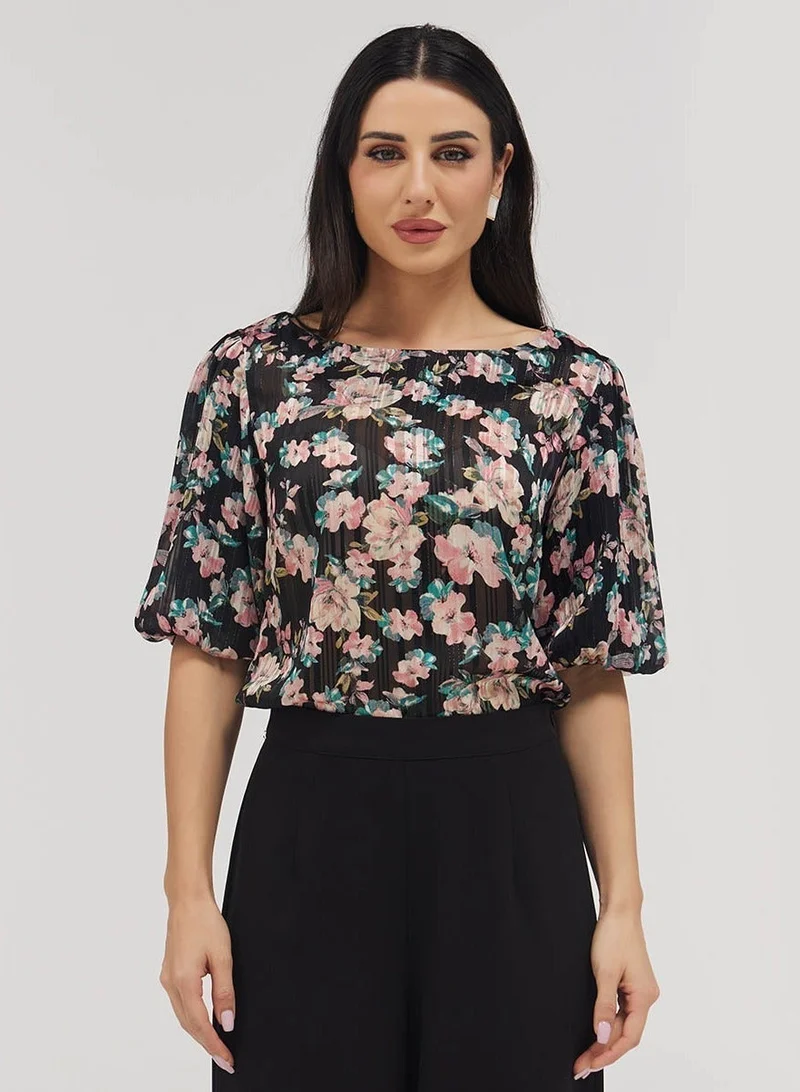 Zigzag Wide Neck Crushed Chiffon Formal Top